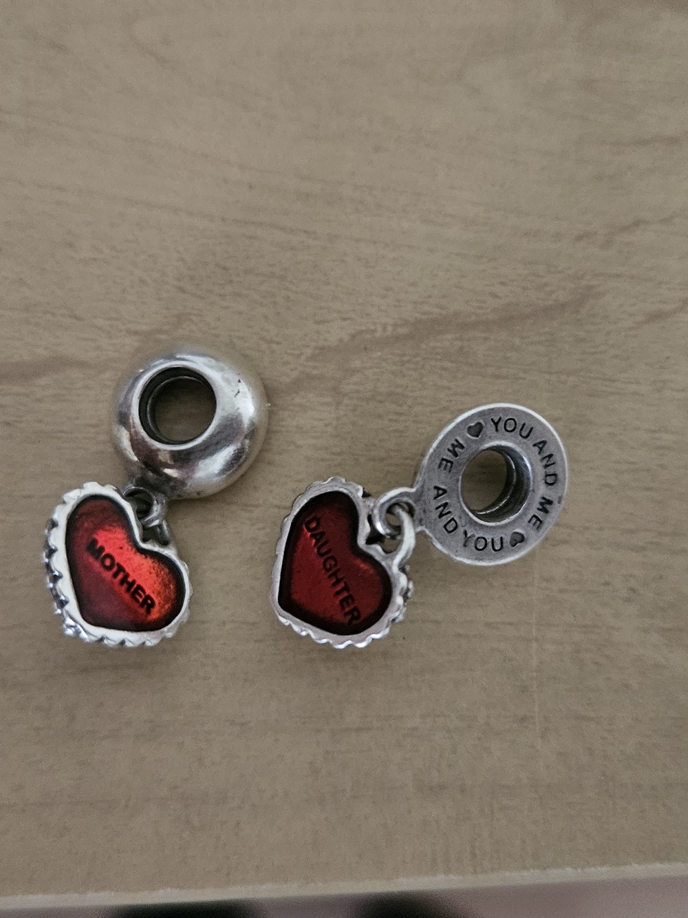 Pandora Heart Dangle Charms - Red "Mother" & "Daughter"